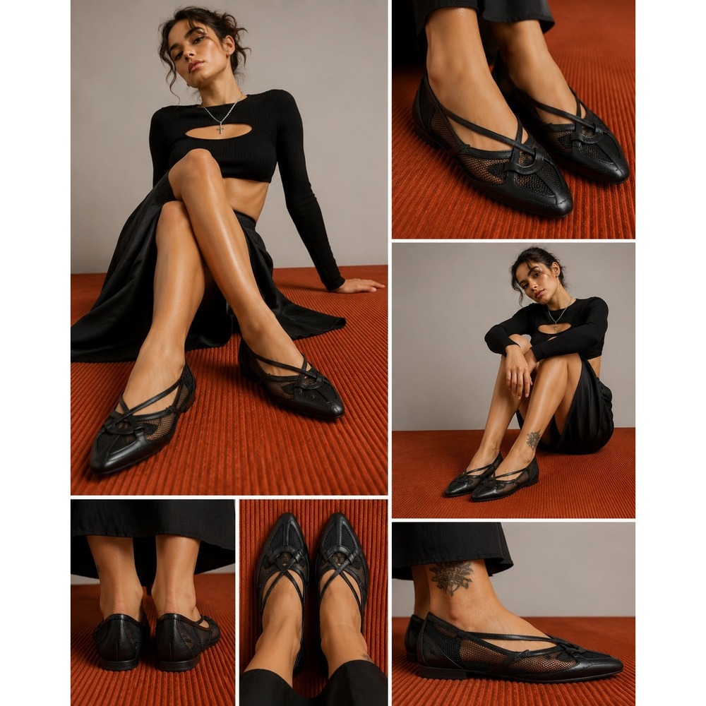 Givenchy Mesh Strappy Pointed Ballet Flats Black Womens US 9
